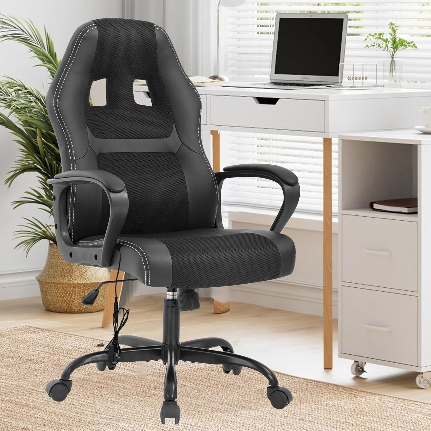 PayLessHere Black Gaming Chair - Ergonomic PU Leather w/Lumbar Support & Headrest