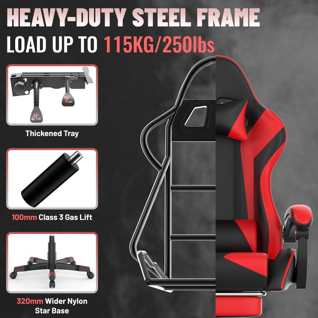 SOONTRANS Gaming Chair, High Back PU Leather Gamer Chair Game with Massage & Footrest, Reclining Ergonomic Computer Office Chair for Adults, Racing Style Video Game Chair, Red