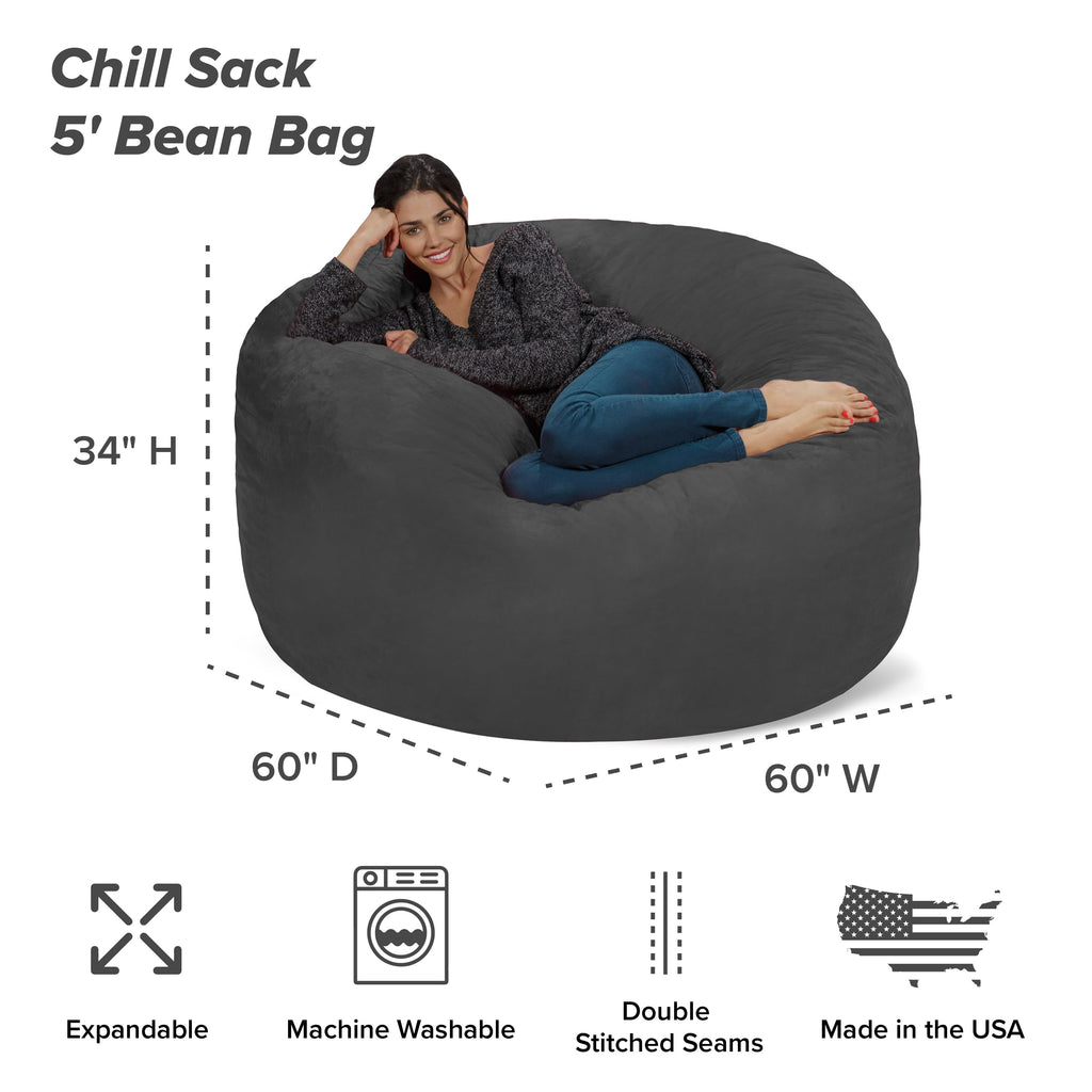 Chill Sack Bean Bag Chair, Memory Foam Lounger with Microsuede Cover, Kids, Adults, 5 ft, Charcoal
