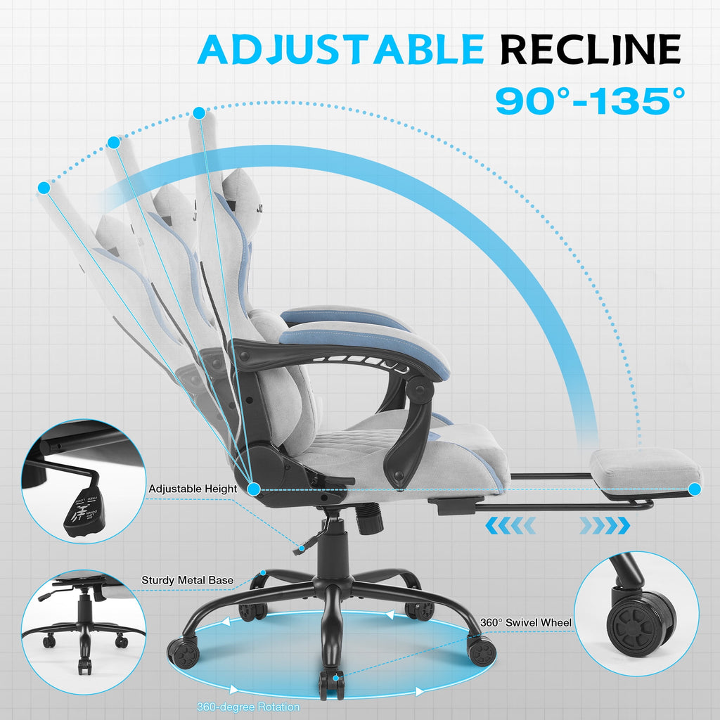 JONPONY Big and Tall Gaming Chair, Computer Chair with Footrest and Massage Lumbar Support, Height Adjustable Game Chair with Headrest and Swivel Seat，GREY