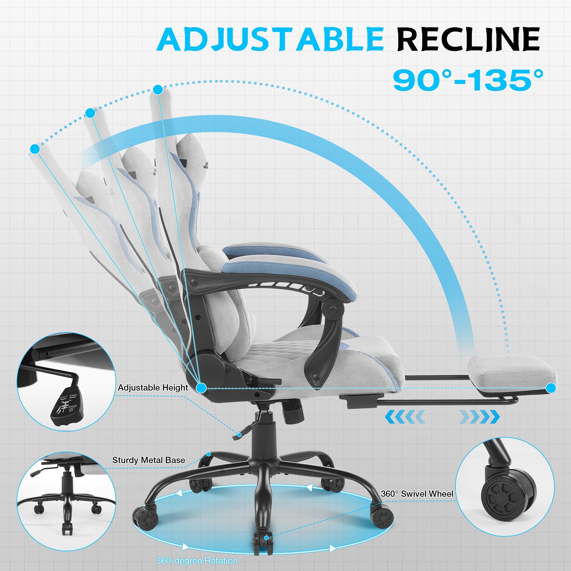 JONPONY Big and Tall Gaming Chair, Computer Chair with Footrest and Massage Lumbar Support, Height Adjustable Game Chair with Headrest and Swivel Seat，GREY