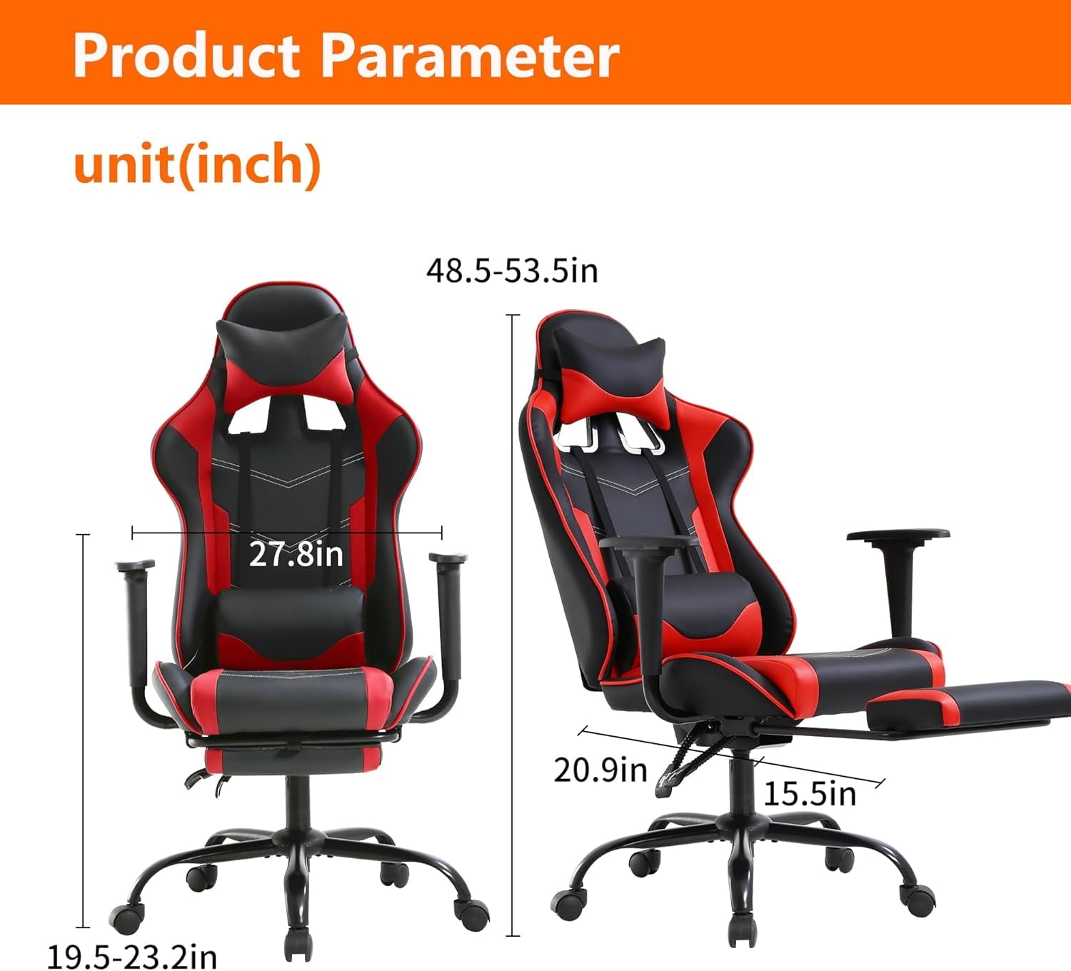 PayLessHere Red Gaming Office Chair - Ergonomic PU Leather w/Lumbar Support & Footrest，Rolling Swivel