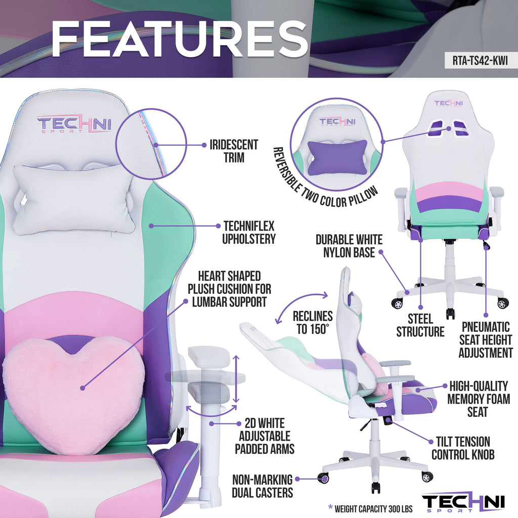 Techni Sport TS-42 Office-PC Gaming Chair, Adjustable Height with Memory Foam Seat and Back, Kawaii RTA-TS42-KWI