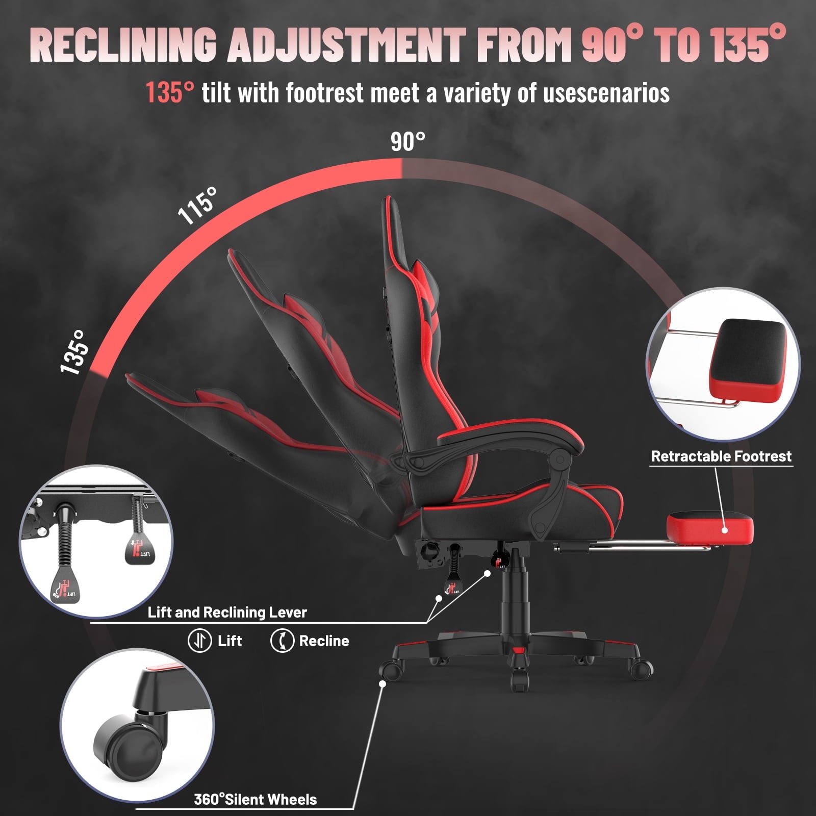 SOONTRANS Gaming Chair, High Back PU Leather Gamer Chair Game with Massage & Footrest, Reclining Ergonomic Computer Office Chair for Adults, Racing Style Video Game Chair, Red