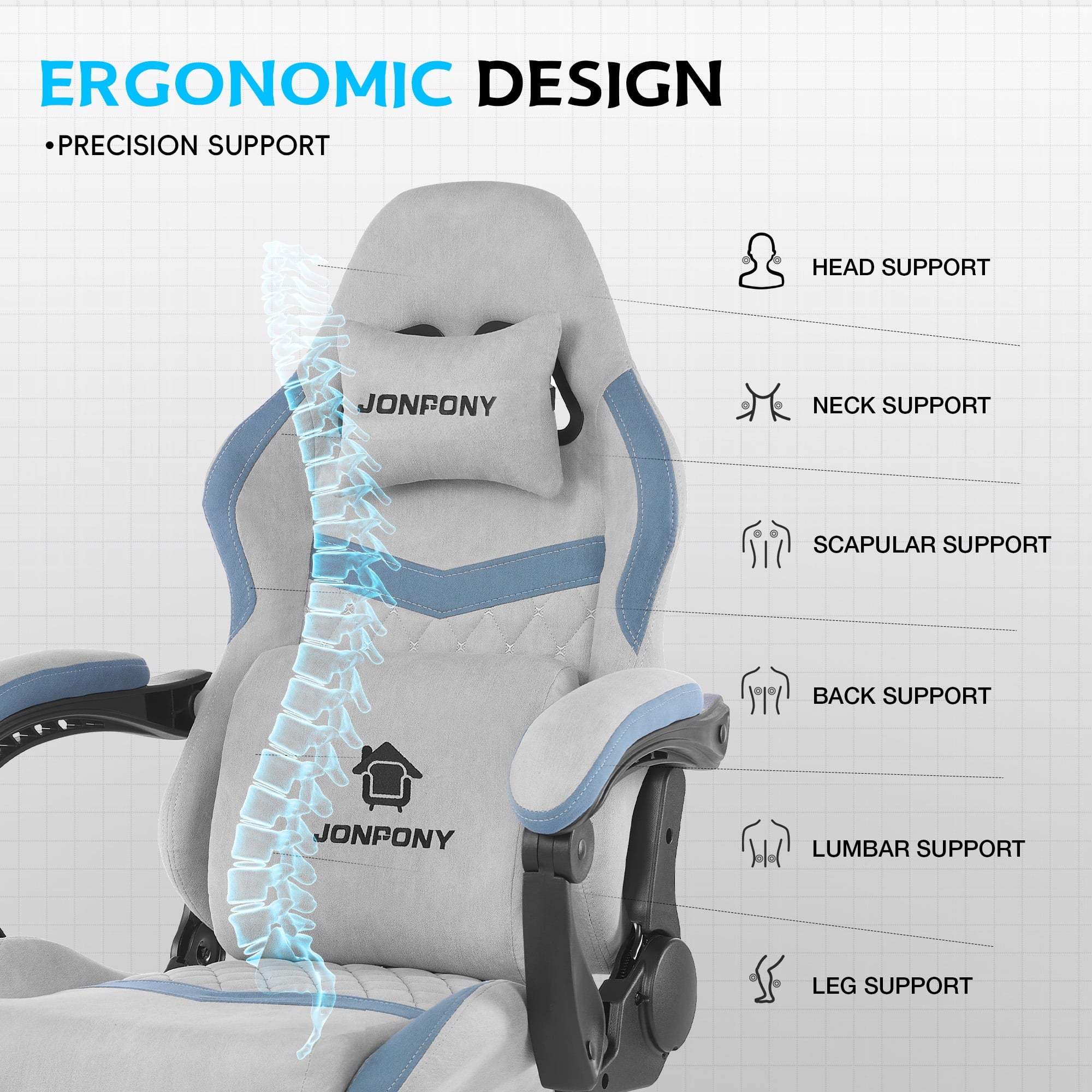 JONPONY Big and Tall Gaming Chair, Computer Chair with Footrest and Massage Lumbar Support, Height Adjustable Game Chair with Headrest and Swivel Seat，GREY