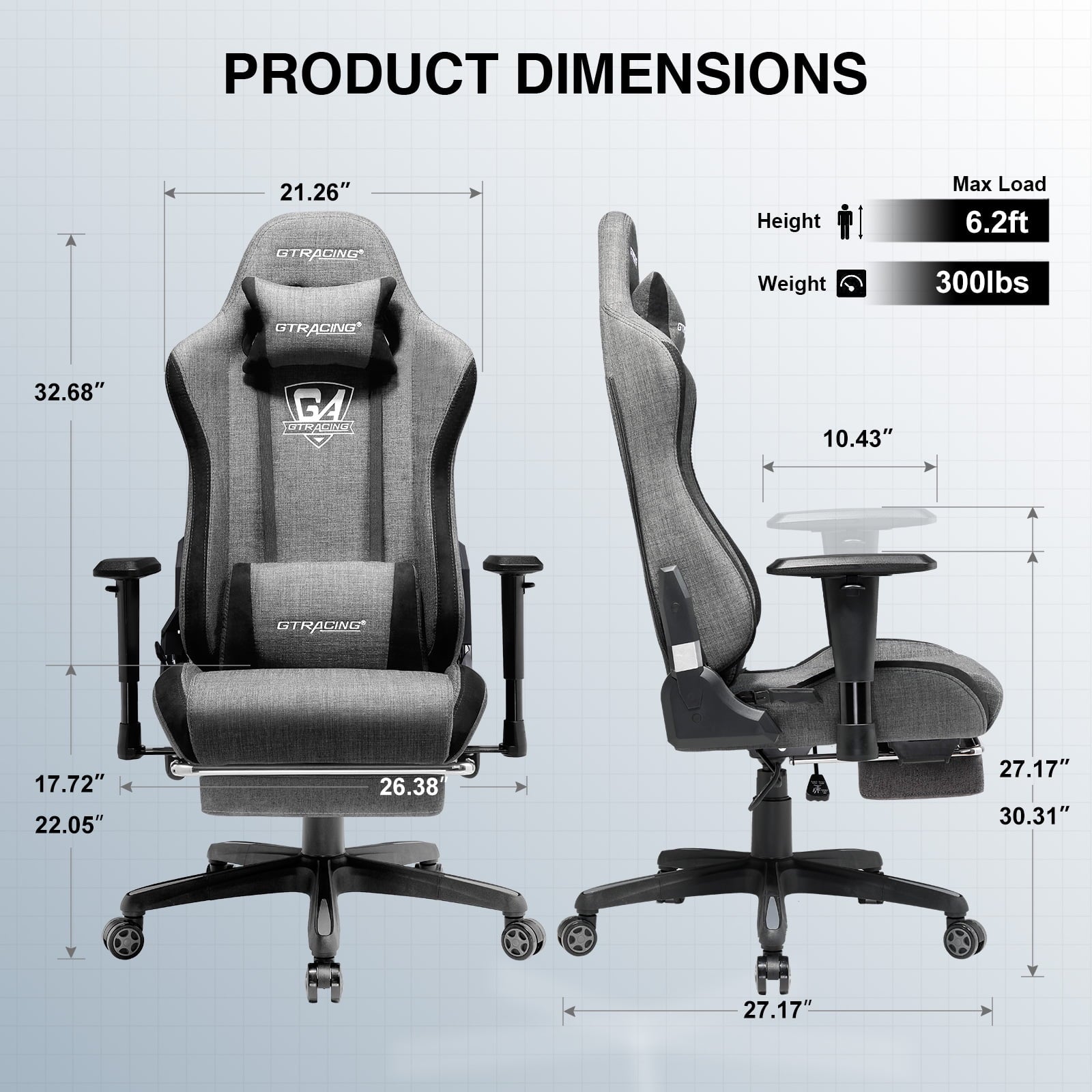 GTRACING Fabric Adjustable Height Reclining Gaming Office Chair with Footrest, Gray