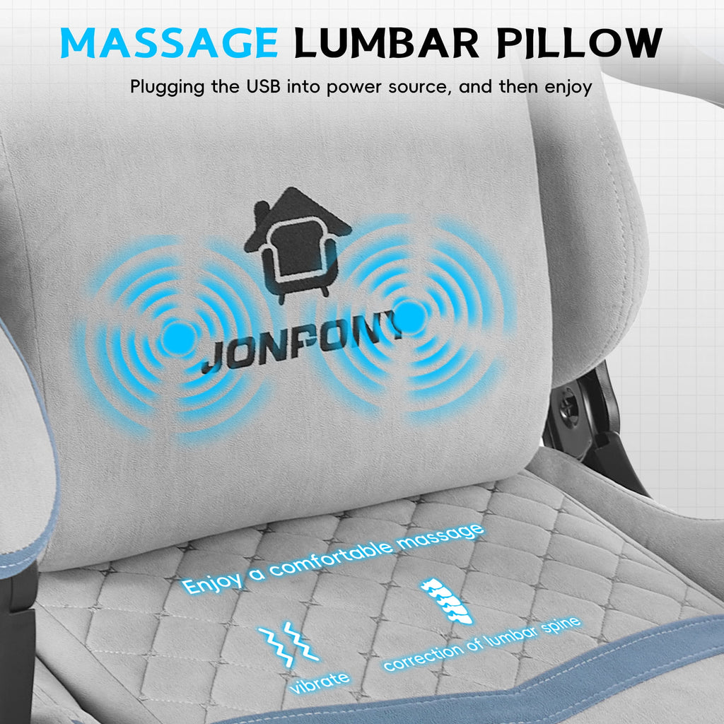 JONPONY Big and Tall Gaming Chair, Computer Chair with Footrest and Massage Lumbar Support, Height Adjustable Game Chair with Headrest and Swivel Seat，GREY