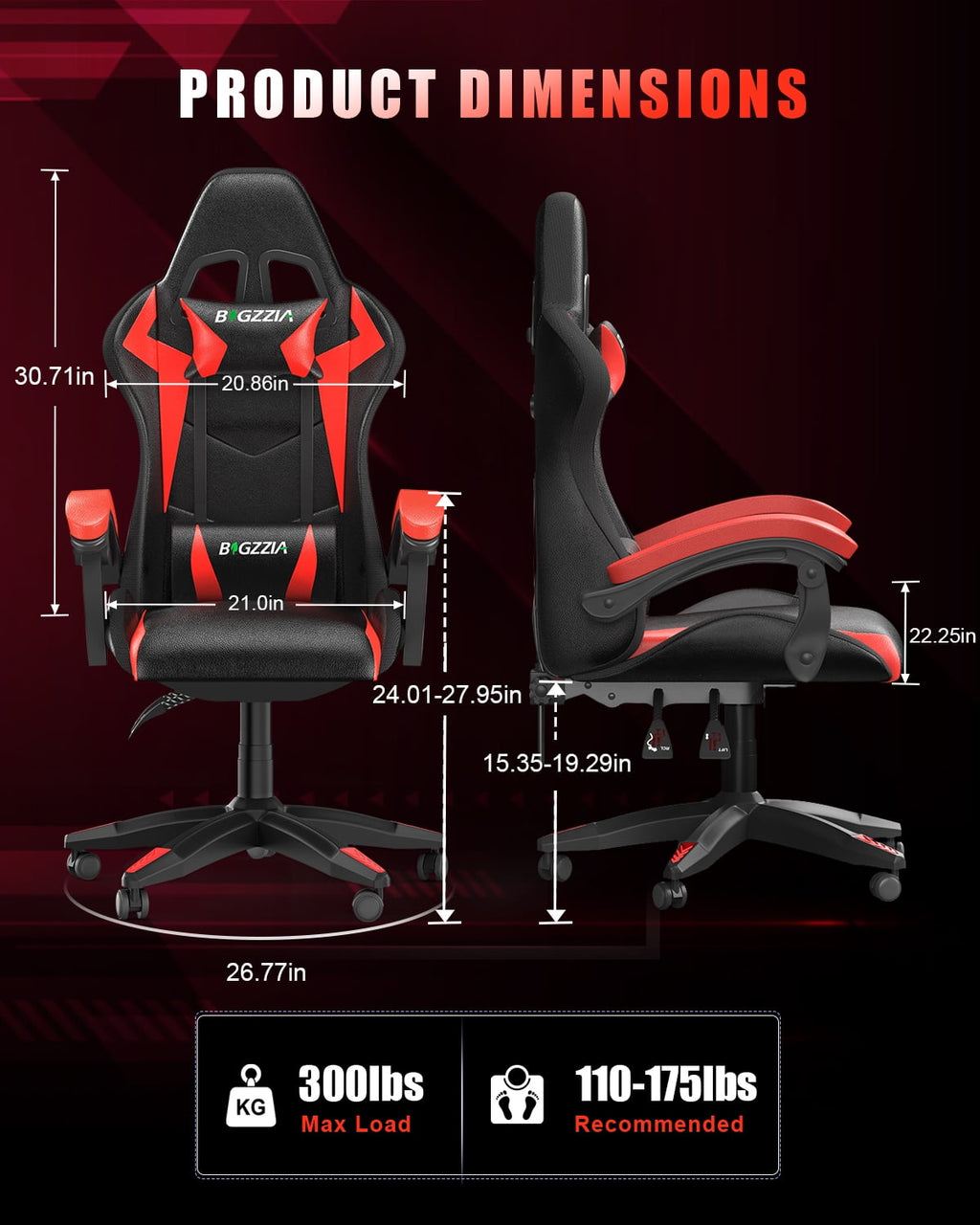 Bigzzia Gaming Chair with LED Lights,Ergonomic Office Computer Chair with Headrest Support, PU Leather, Height Adjustable, 360° Swivel, Suitable for Adults and Kids, Red