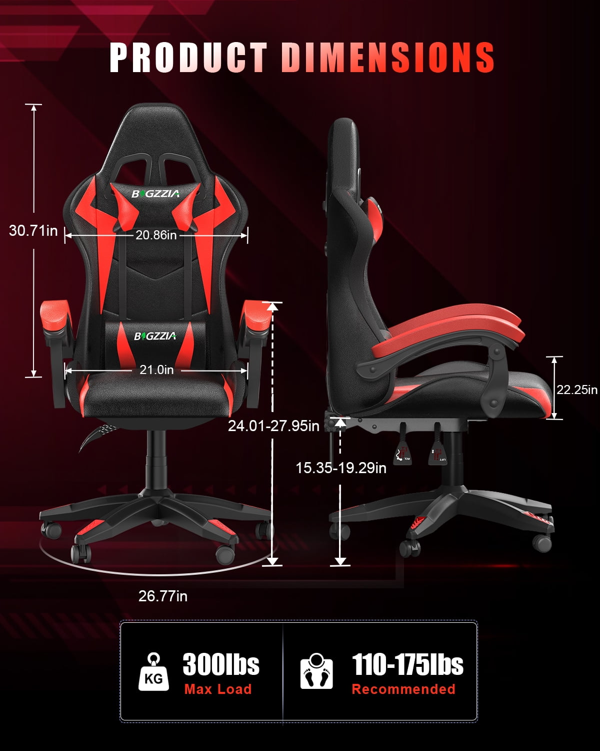 Bigzzia Gaming Chair with LED Lights,Ergonomic Office Computer Chair with Headrest Support, PU Leather, Height Adjustable, 360° Swivel, Suitable for Adults and Kids, Red