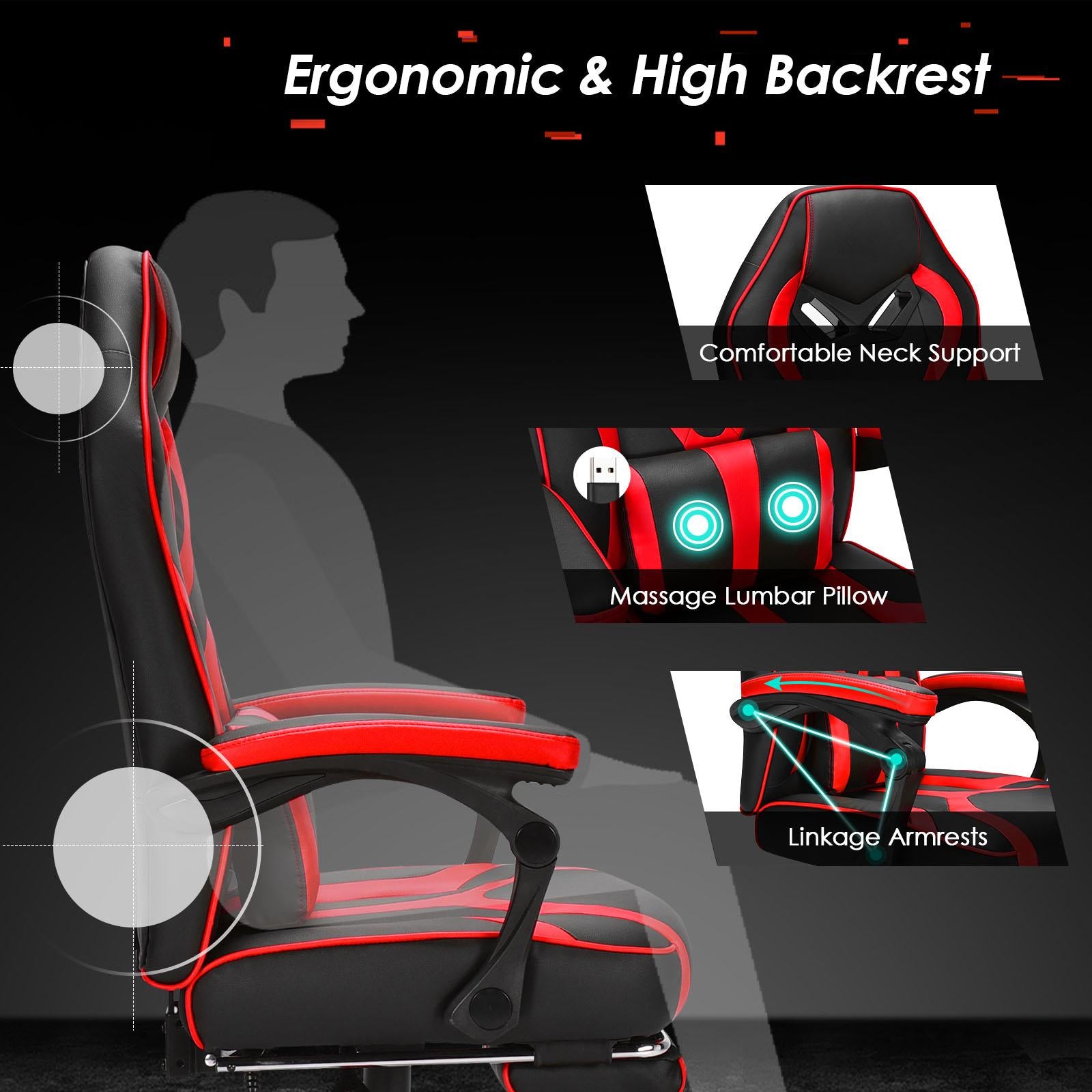 Giantex  Gaming Chair,  Ergonomic Recliner Chair w/Massage Lumbar Pillow, Adjustable Backrest, Footrest & Wheels, Racing Style Video Chair for Home Office, Red