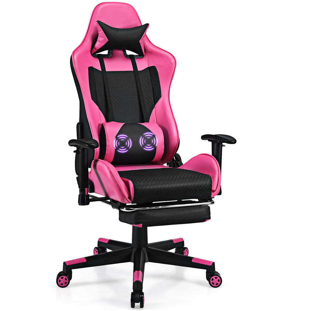 Costway Massage Gaming Chair Reclining Racing Office Computer Chair with Footrest Pink