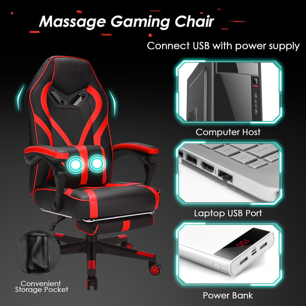 Giantex  Gaming Chair,  Ergonomic Recliner Chair w/Massage Lumbar Pillow, Adjustable Backrest, Footrest & Wheels, Racing Style Video Chair for Home Office, Red