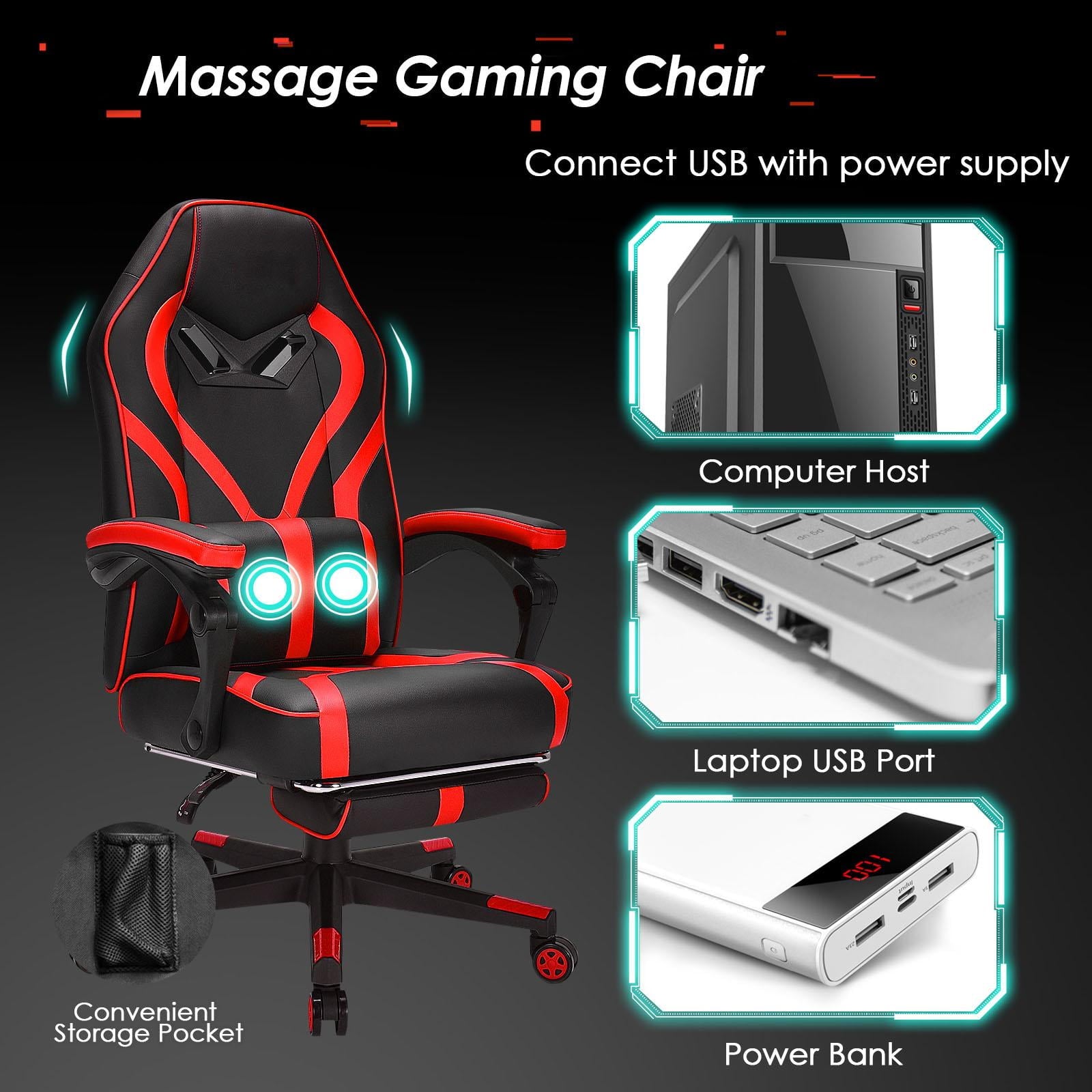 Giantex  Gaming Chair,  Ergonomic Recliner Chair w/Massage Lumbar Pillow, Adjustable Backrest, Footrest & Wheels, Racing Style Video Chair for Home Office, Red