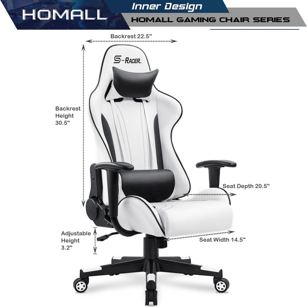 Homall Gaming Chair Sracer Rocking Chair High Back Racing Office Chair Computer Desk Chair PU Leather Executive and Ergonomic Swivel Chair, White