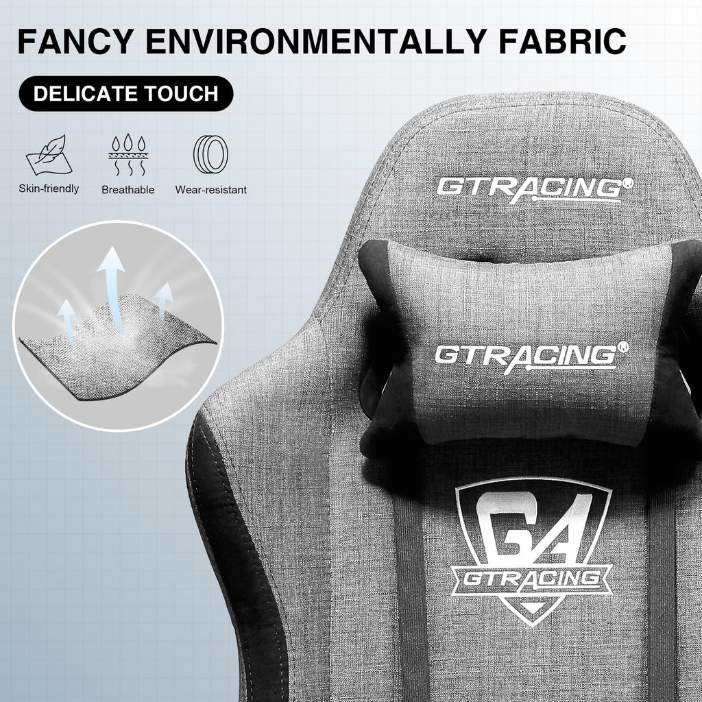 GTRACING Fabric Adjustable Height Reclining Gaming Office Chair with Footrest, Gray