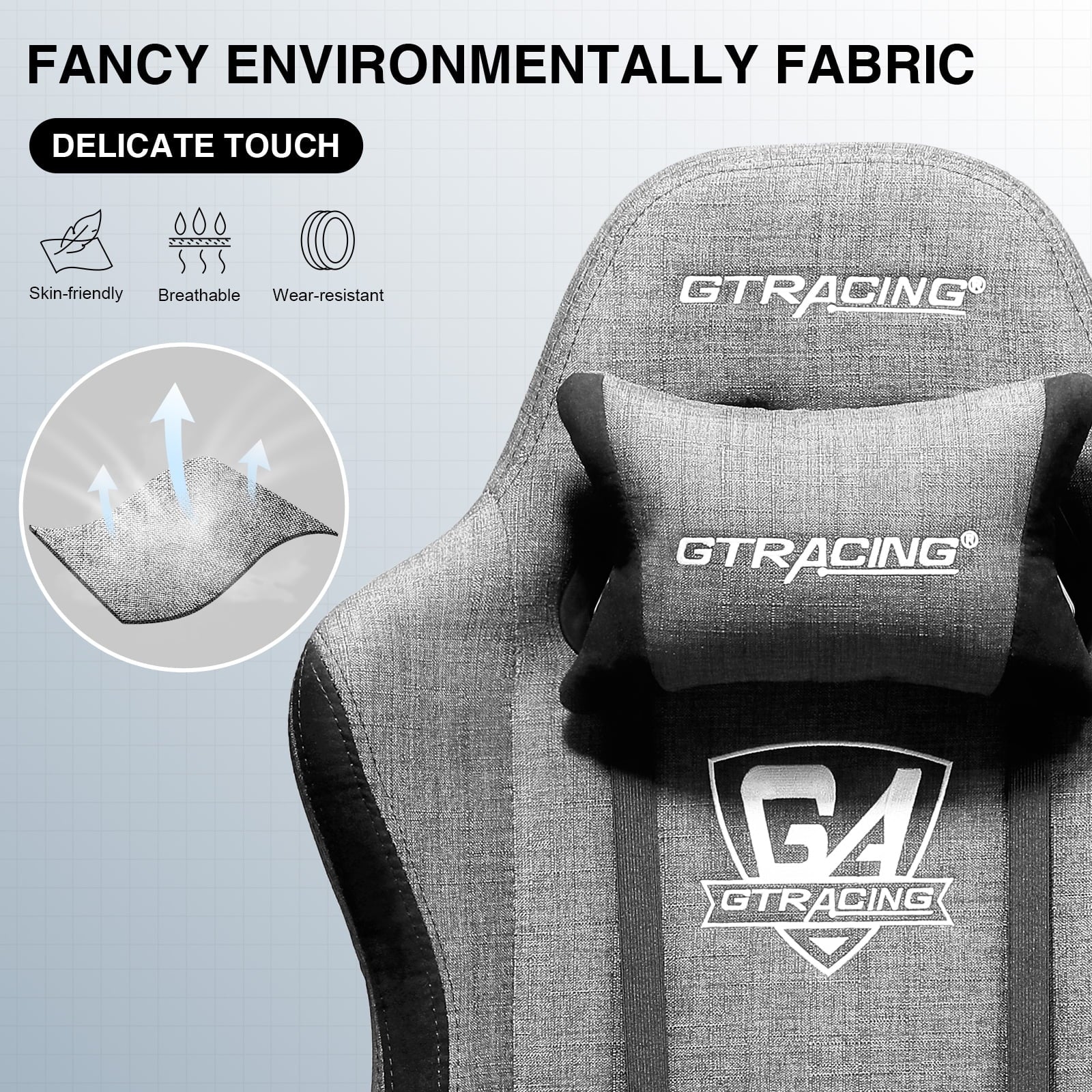 GTRACING Fabric Adjustable Height Reclining Gaming Office Chair with Footrest, Gray