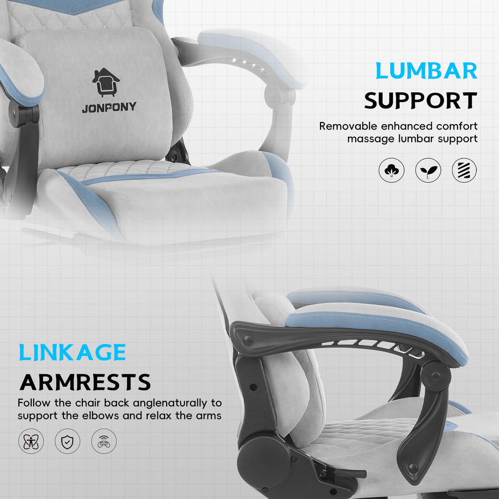 JONPONY Big and Tall Gaming Chair, Computer Chair with Footrest and Massage Lumbar Support, Height Adjustable Game Chair with Headrest and Swivel Seat，GREY