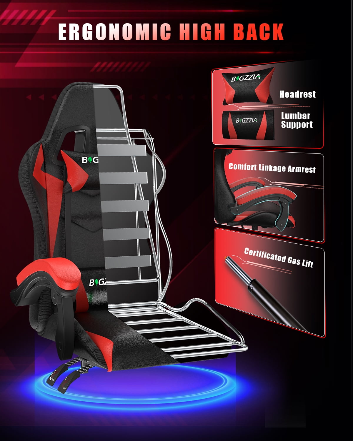 Bigzzia Gaming Chair with LED Lights,Ergonomic Office Computer Chair with Headrest Support, PU Leather, Height Adjustable, 360° Swivel, Suitable for Adults and Kids, Red