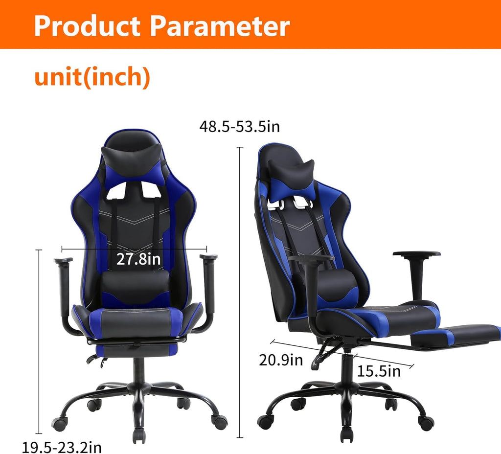 PayLessHere Blue Gaming Chair - Ergonomic PU Leather w/Lumbar Support & Footrest