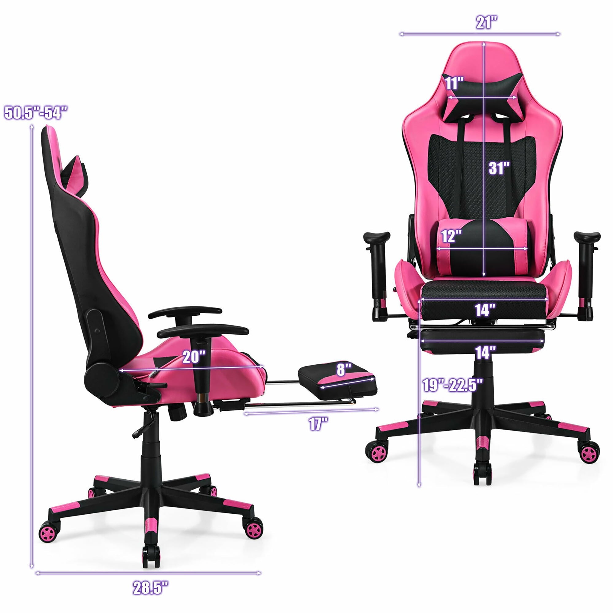 Costway Massage Gaming Chair Reclining Racing Office Computer Chair with Footrest Pink
