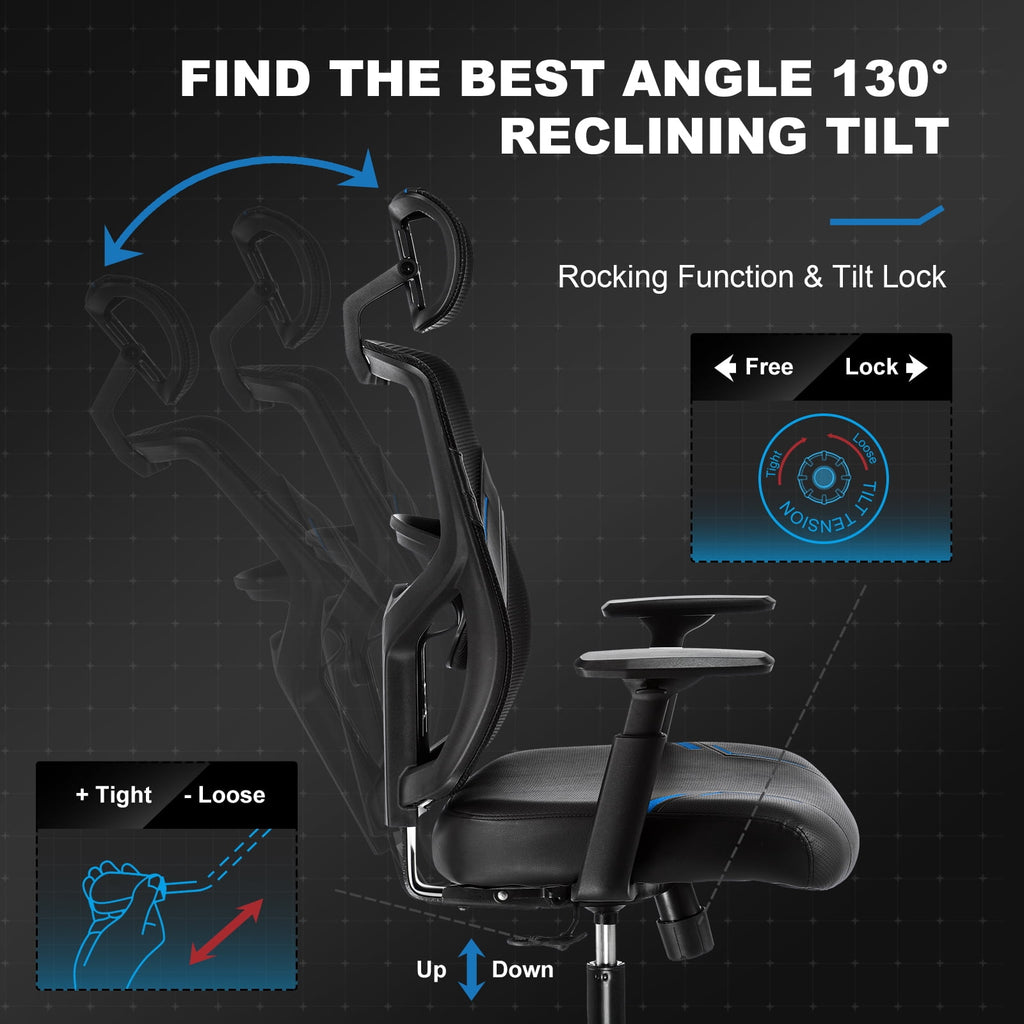 GTRACING Gaming Chair, Computer Chair with Mesh Back, Ergonomic Video Game Chair, Reclining Gaming Chair, Blue