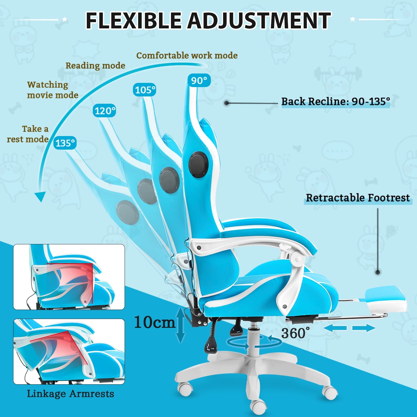 Hoffree Massage Gaming Chair with Bluetooth Speaker and RGB LED Lights, Ergonomic Video Game Chair High Back Swivel Office Recliner  Chair with Adjustable Footrest, Headrest and Lumbar Support