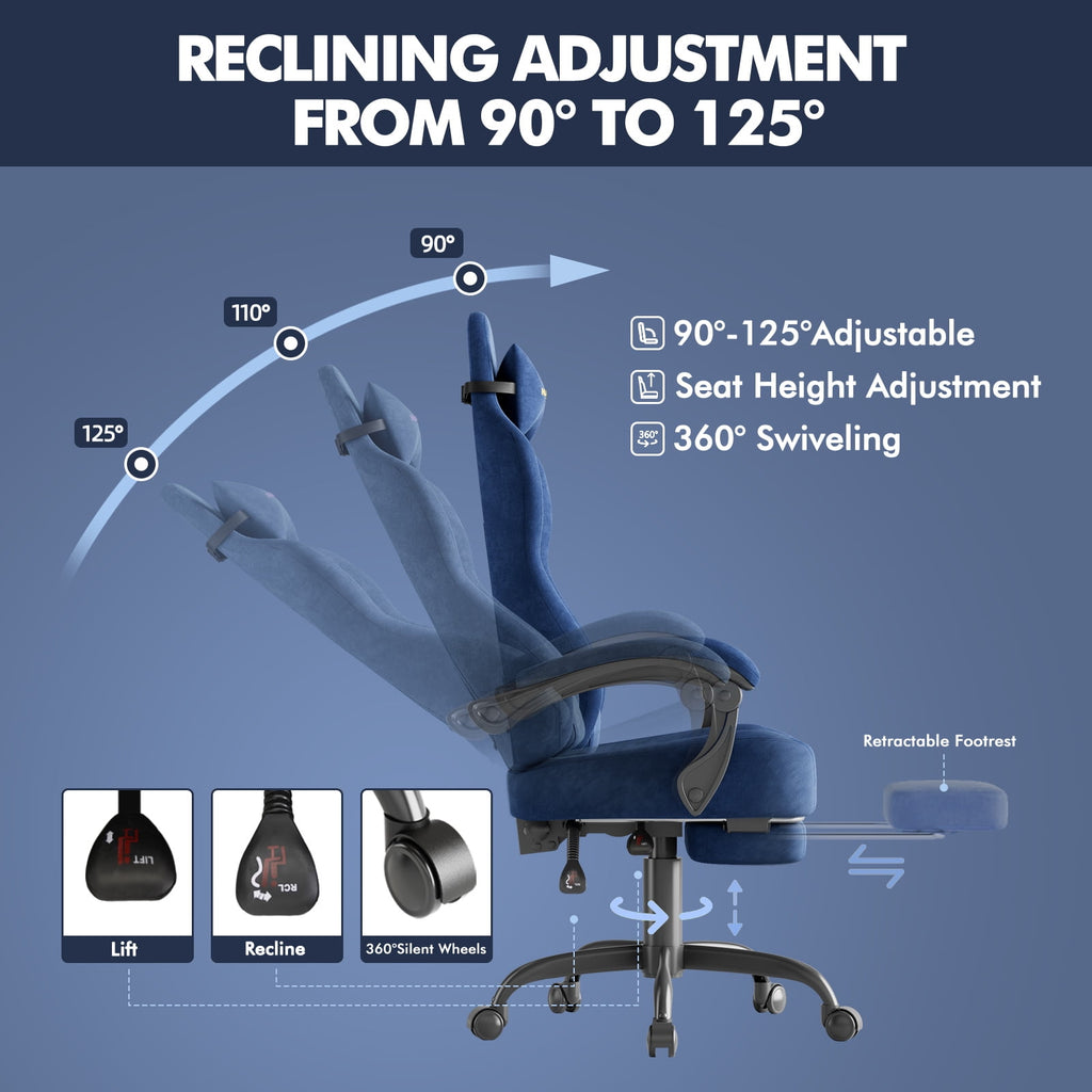 SOONTRANS Blue Gaming Chair for Adult, Velvet Fabric Ergonomic Comfortable Video Gamer Chair with Footrest, Reclining Office Computer Desk Game Chairs with Massage Lumbar Cushion, Headrest