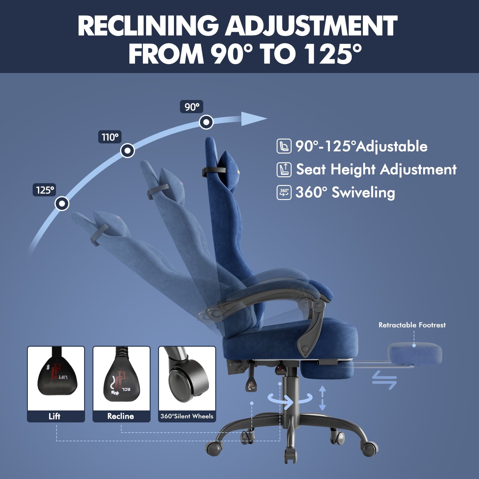 SOONTRANS Blue Gaming Chair for Adult, Velvet Fabric Ergonomic Comfortable Video Gamer Chair with Footrest, Reclining Office Computer Desk Game Chairs with Massage Lumbar Cushion, Headrest