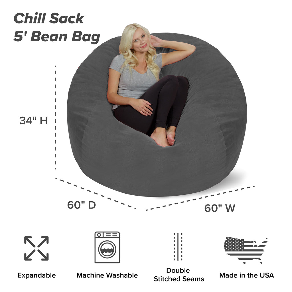 Chill Sack Bean Bag Chair, Memory Foam Lounger with Microsuede Cover, Kids, Adults, 5 ft, Charcoal
