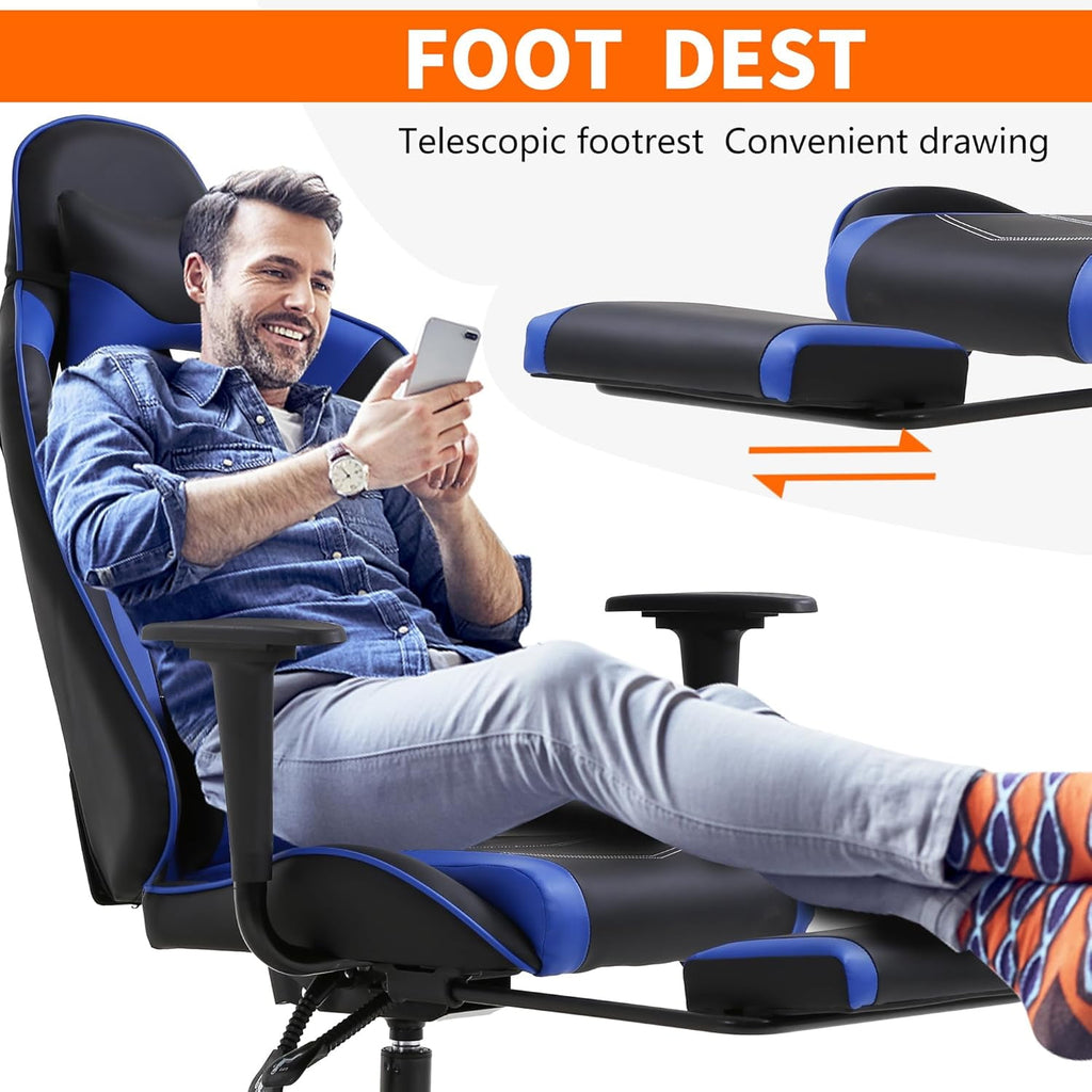 PayLessHere Blue Gaming Chair - Ergonomic PU Leather w/Lumbar Support & Footrest