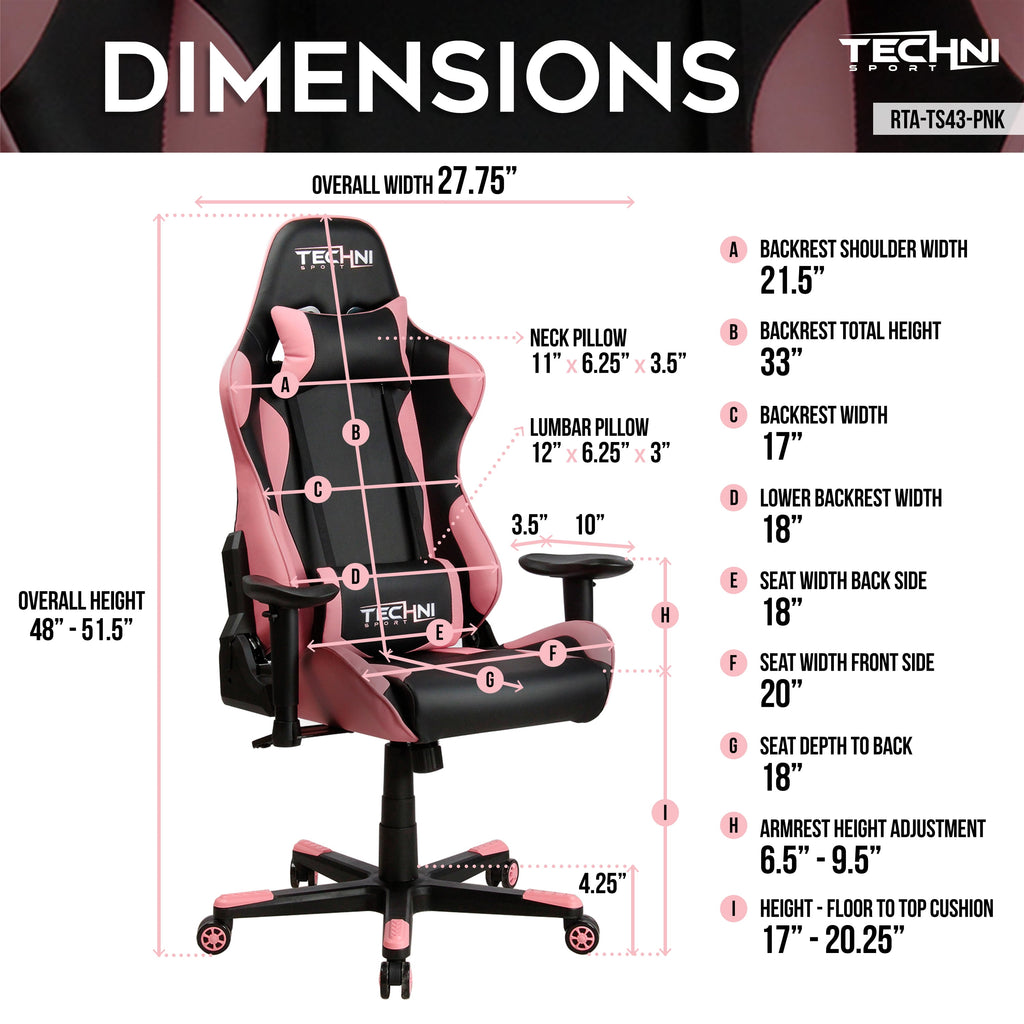 Techni Sport TS-4300 Ergonomic High Back Racer Style PC Gaming Chair with Memory Foam Seat, Pink RTA-TS43-PNK