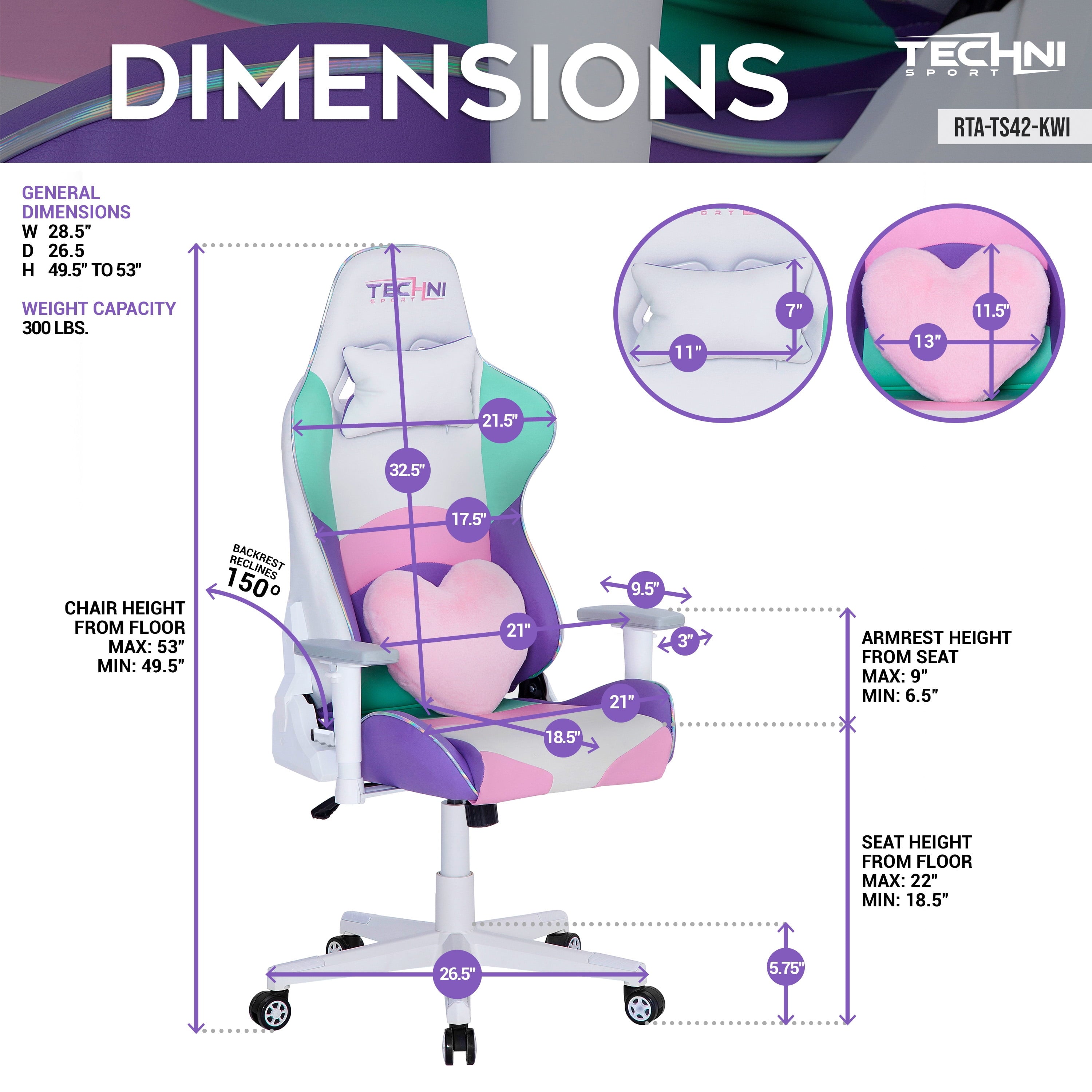 Techni Sport TS-42 Office-PC Gaming Chair, Adjustable Height with Memory Foam Seat and Back, Kawaii RTA-TS42-KWI